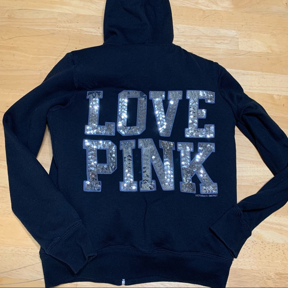 Victoria Secret sz S Love Pink Black and Silver Sequin Fur Sherpa Hoodie